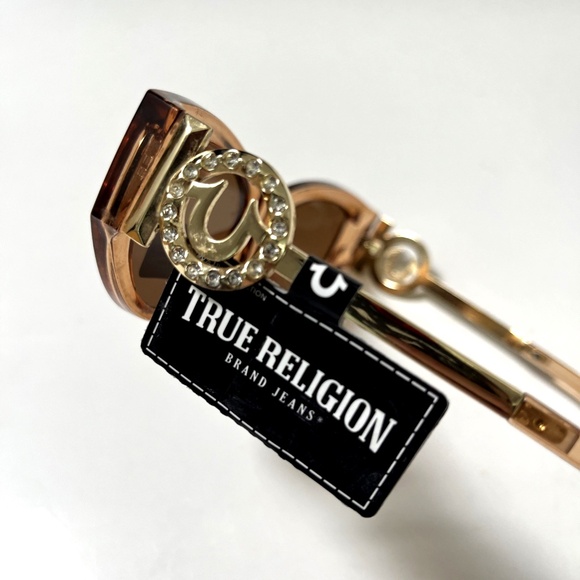 New Original TRUE RELIGION Cat Eye Sunglasses Clear Acetate Gold Logo Rhinestone main image 5